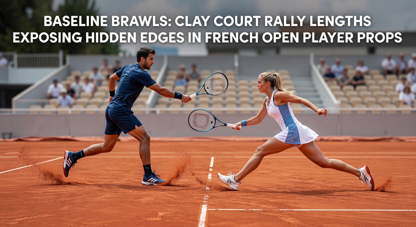 Detailed view of clay court markings and player footwork during a prolonged baseline exchange