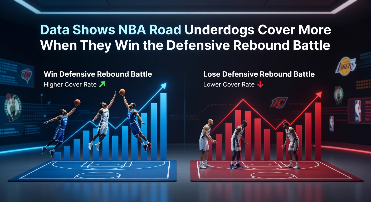 Close-up of NBA road underdog securing a crucial defensive rebound, pushing the ball upcourt while the home team scrambles