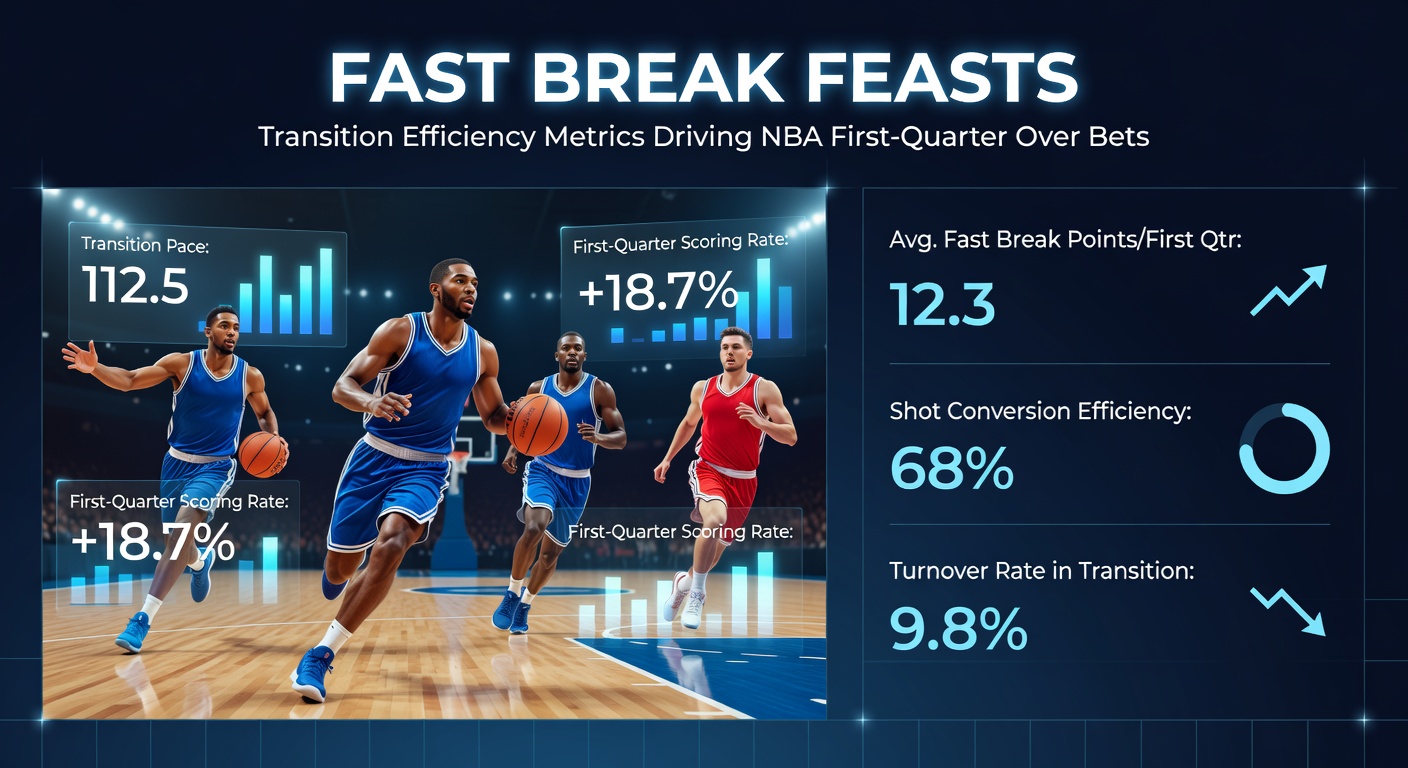 Close-up of an NBA fast break ending in a dunk, with metrics overlay showing transition PPP and points