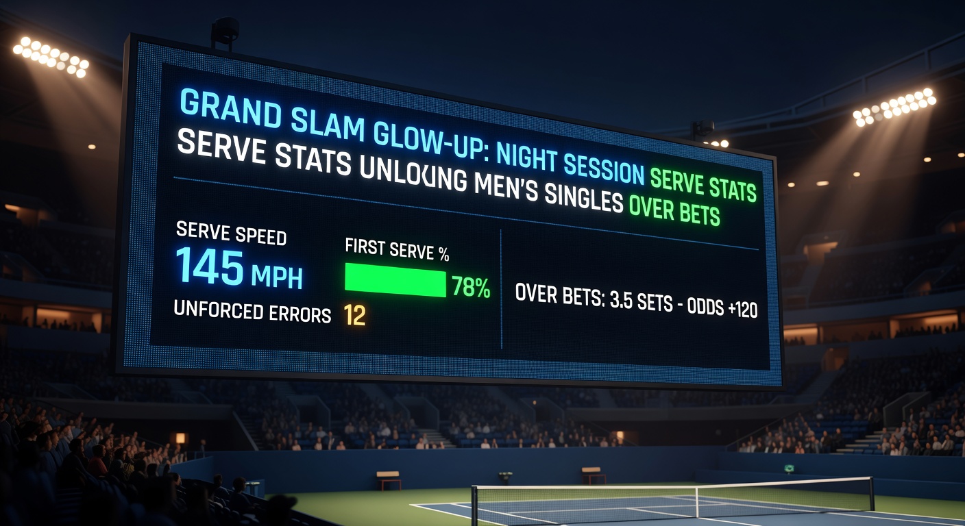 Close-up of a powerful night-session serve with ball blurring under floodlights