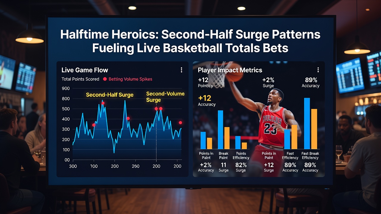 Live betting interface displaying basketball totals markets with real-time adjustments during a second-half surge