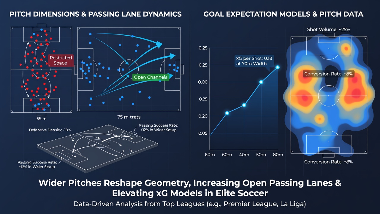 Data visualization comparing passing lanes on wide versus narrow soccer pitches with goal expectation overlays