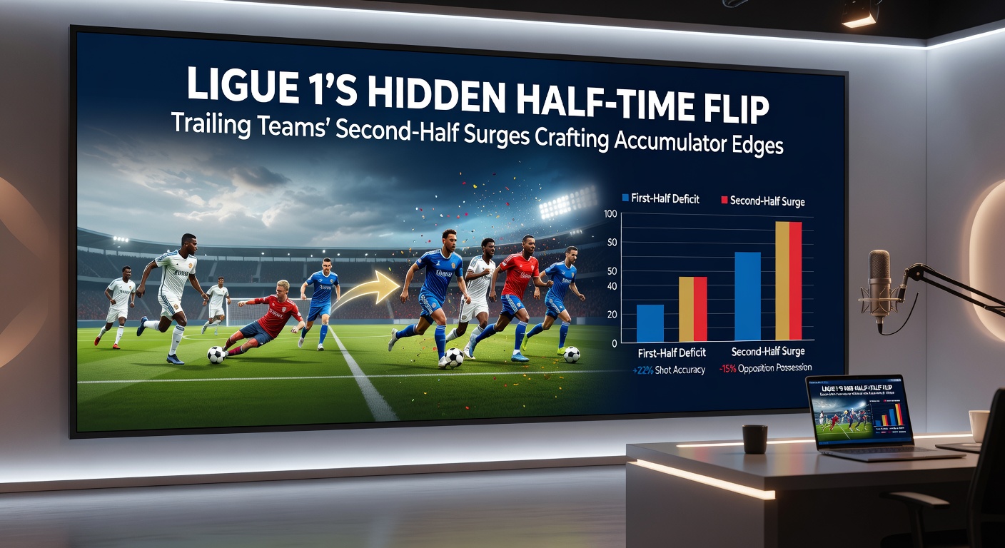 Graph charting second-half goal surges for trailing Ligue 1 teams over five seasons, bars rising sharply post-interval