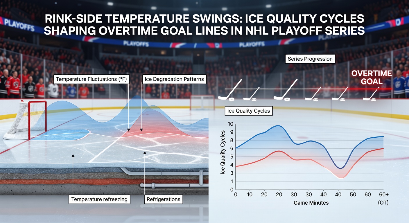 Close-up view of NHL playoff ice showing texture variations and temperature probe placements during overtime