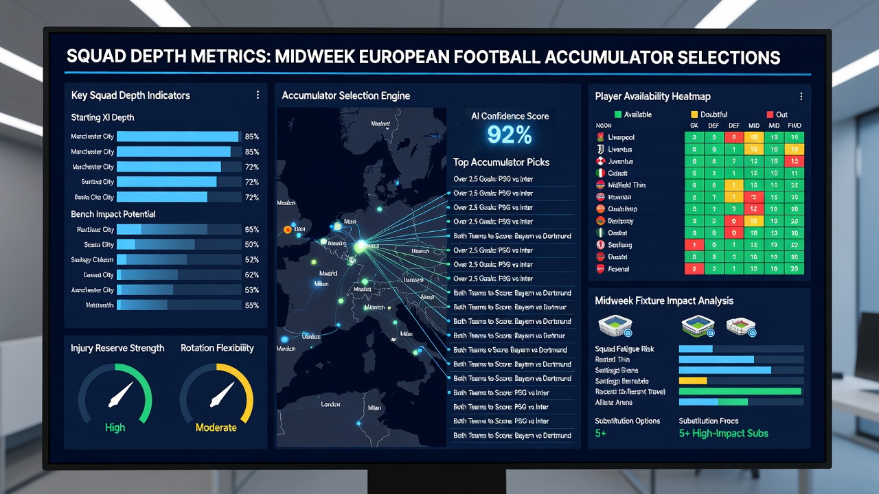 Football analysts reviewing squad rotation charts and depth metrics on digital screens