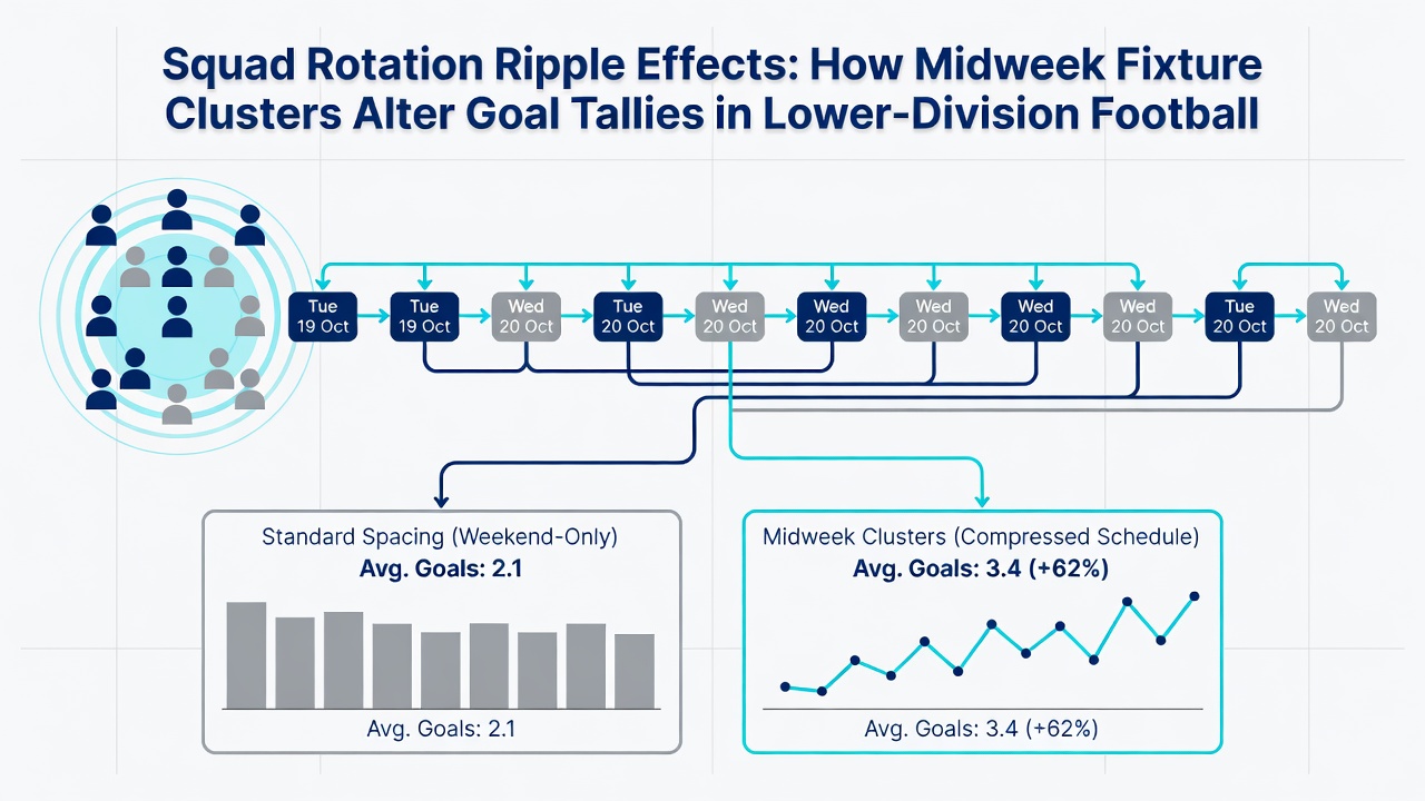 Statistical charts showing goal tally reductions during midweek fixture clusters in lower-division football