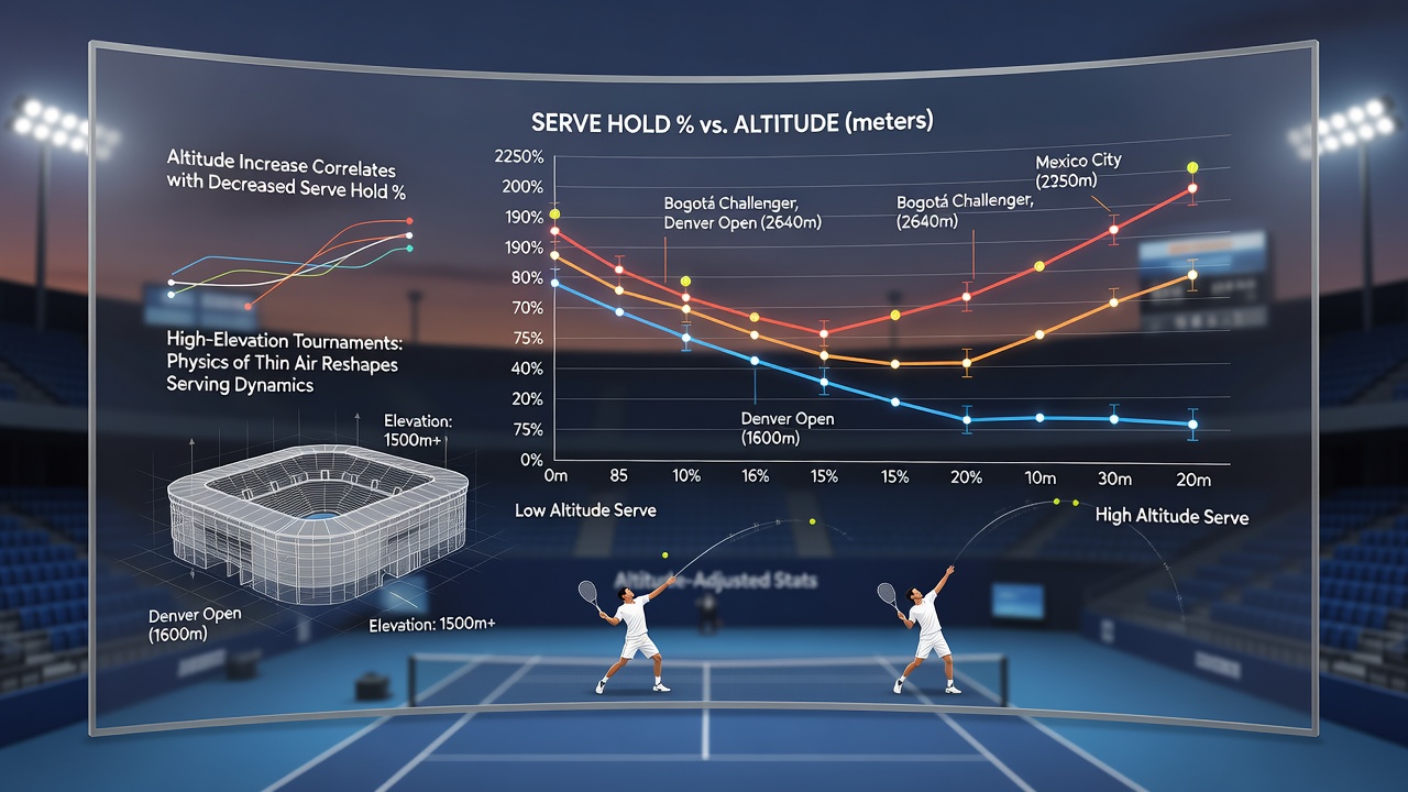 Player serving at altitude with ball trajectory diagram overlay showing increased speed and distance
