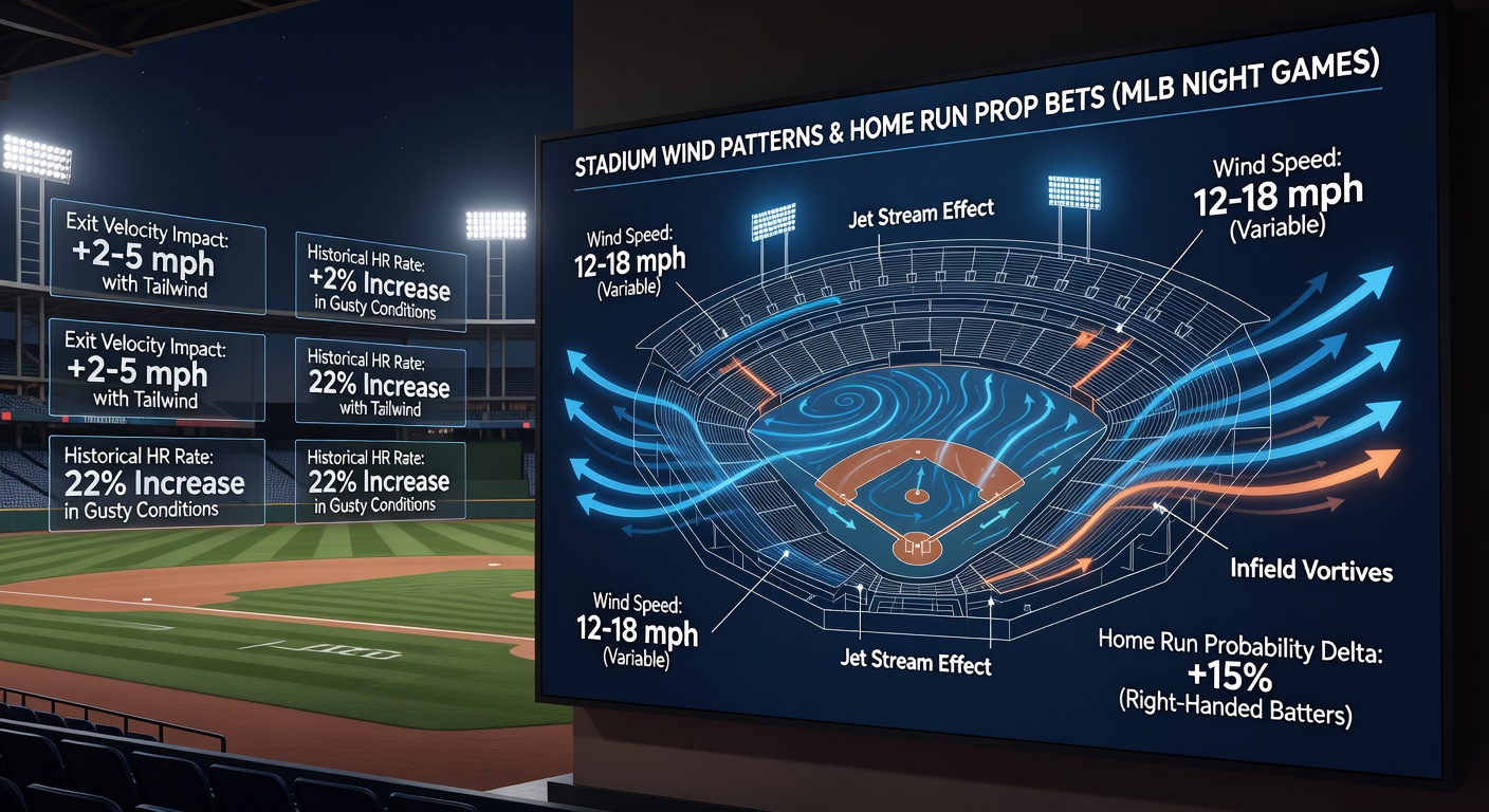 Nighttime aerial view of a baseball stadium with overlaid wind vectors and home run trajectory paths showing how evening gusts alter ball flight
