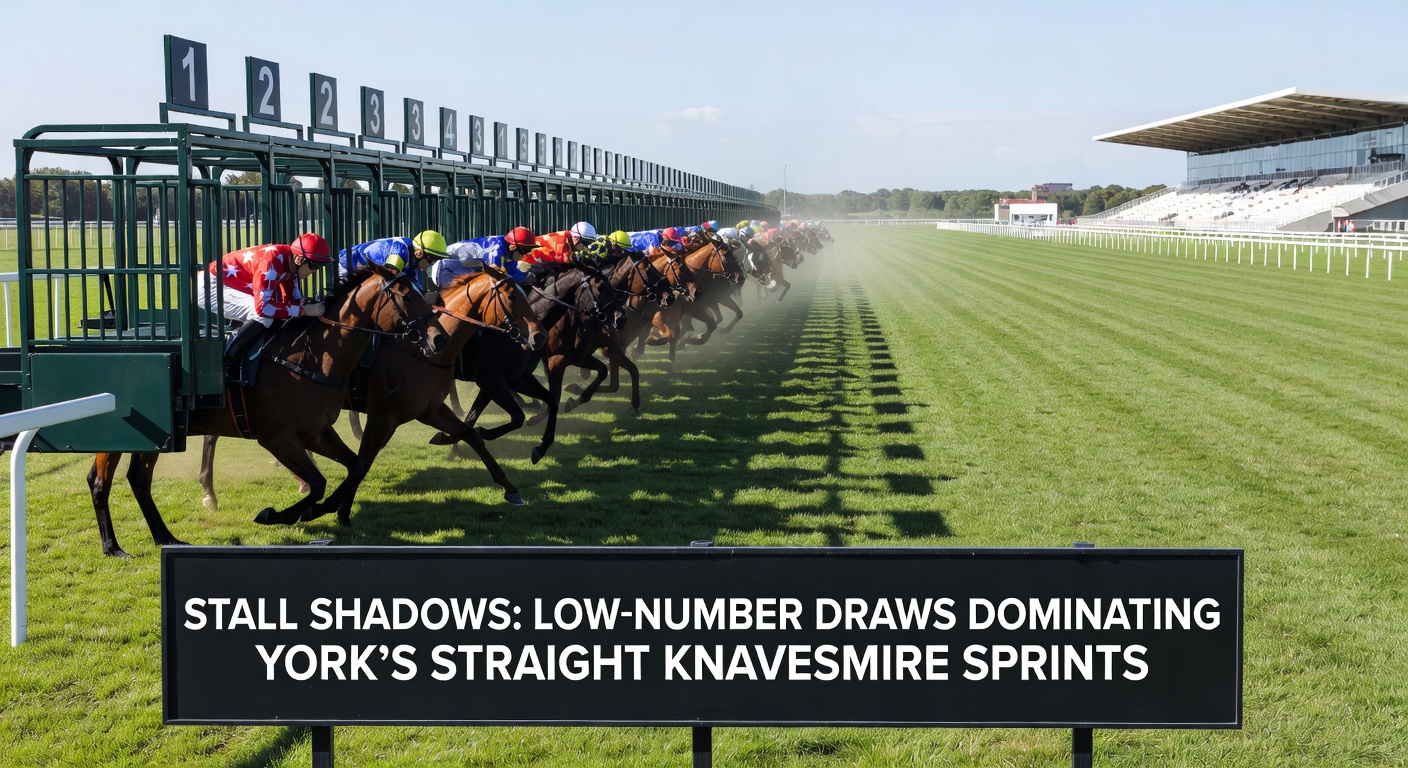 Close-up chart of stall win percentages at York 5f straight, bars towering for low numbers amid a colorful racecourse backdrop