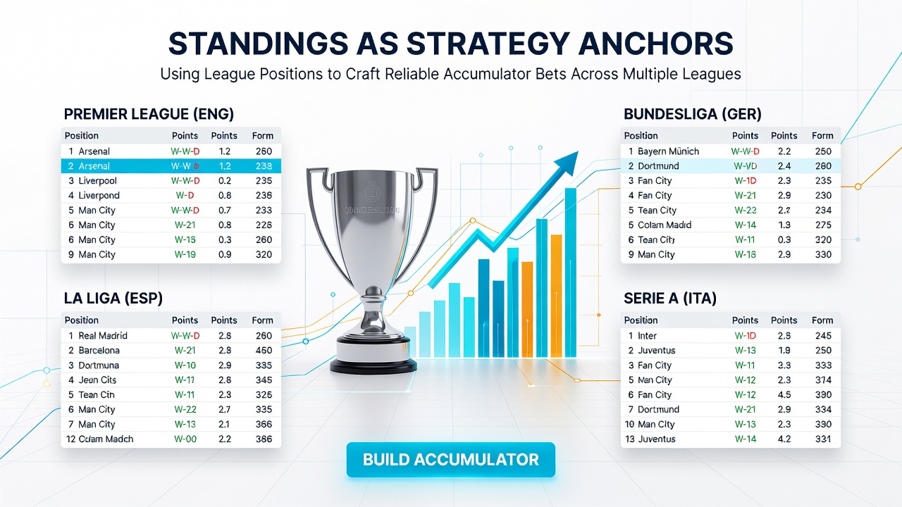 Accumulator bet slip overlaid on league standings charts for basketball and soccer