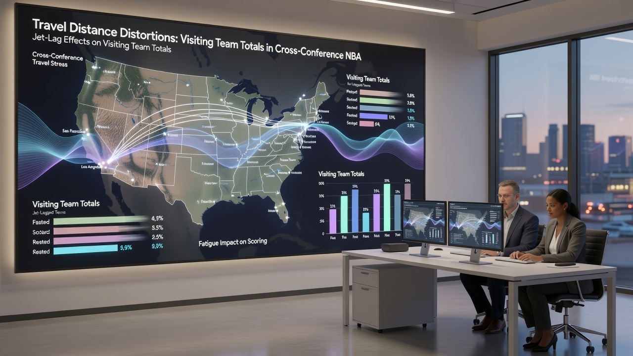 Statistical charts displaying NBA visitor scoring averages across time zones and travel distances