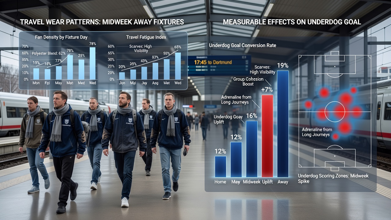 Statistical charts displaying goal line movements for underdog teams in European away matches with varying travel distances