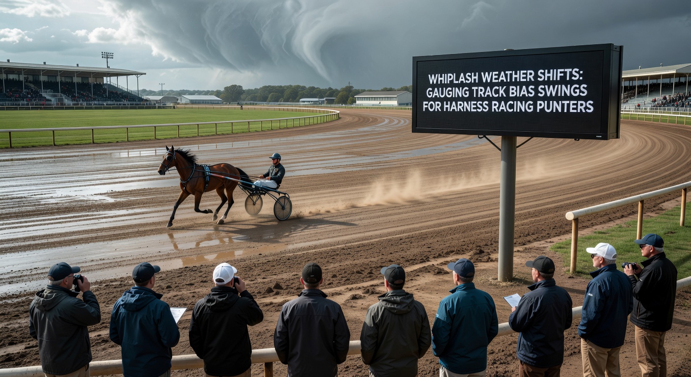 Data dashboard displaying real-time track bias metrics overlaid on a weather radar for harness racing analysis
